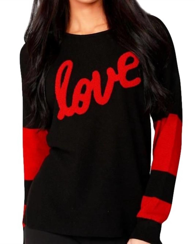Front of a model wearing a size LG Love Scoop Neck Pullover in Black/Fire in Black/Fire by ANGEL. | dia_product_style_image_id:327317